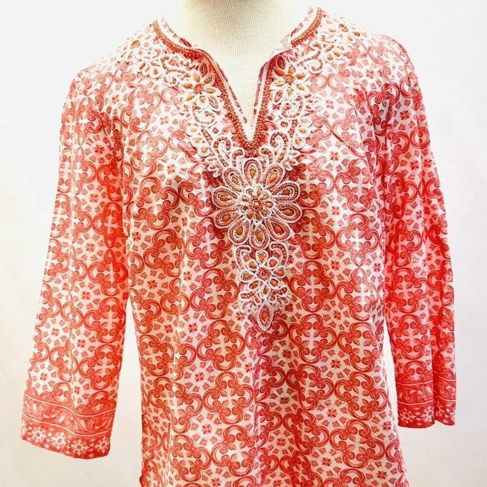 CHARTER CLUB Women Long Sleeve Pull Over V-Neck Beaded Orange Shirt Size Small